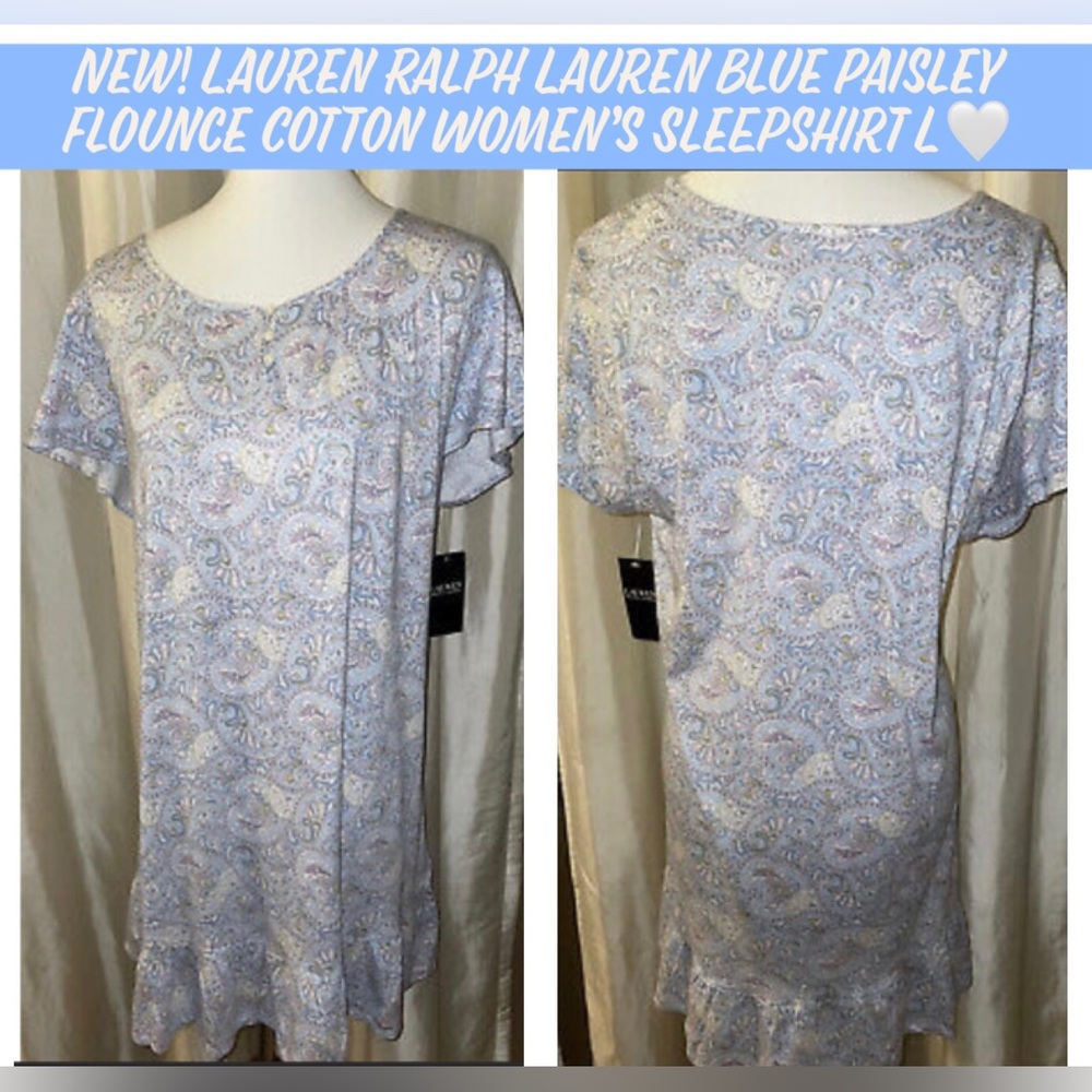 🎉HP🎉New! Lauren Ralph Lauren Blue Paisley Flounce Cotton Women’s Sleepshirt L